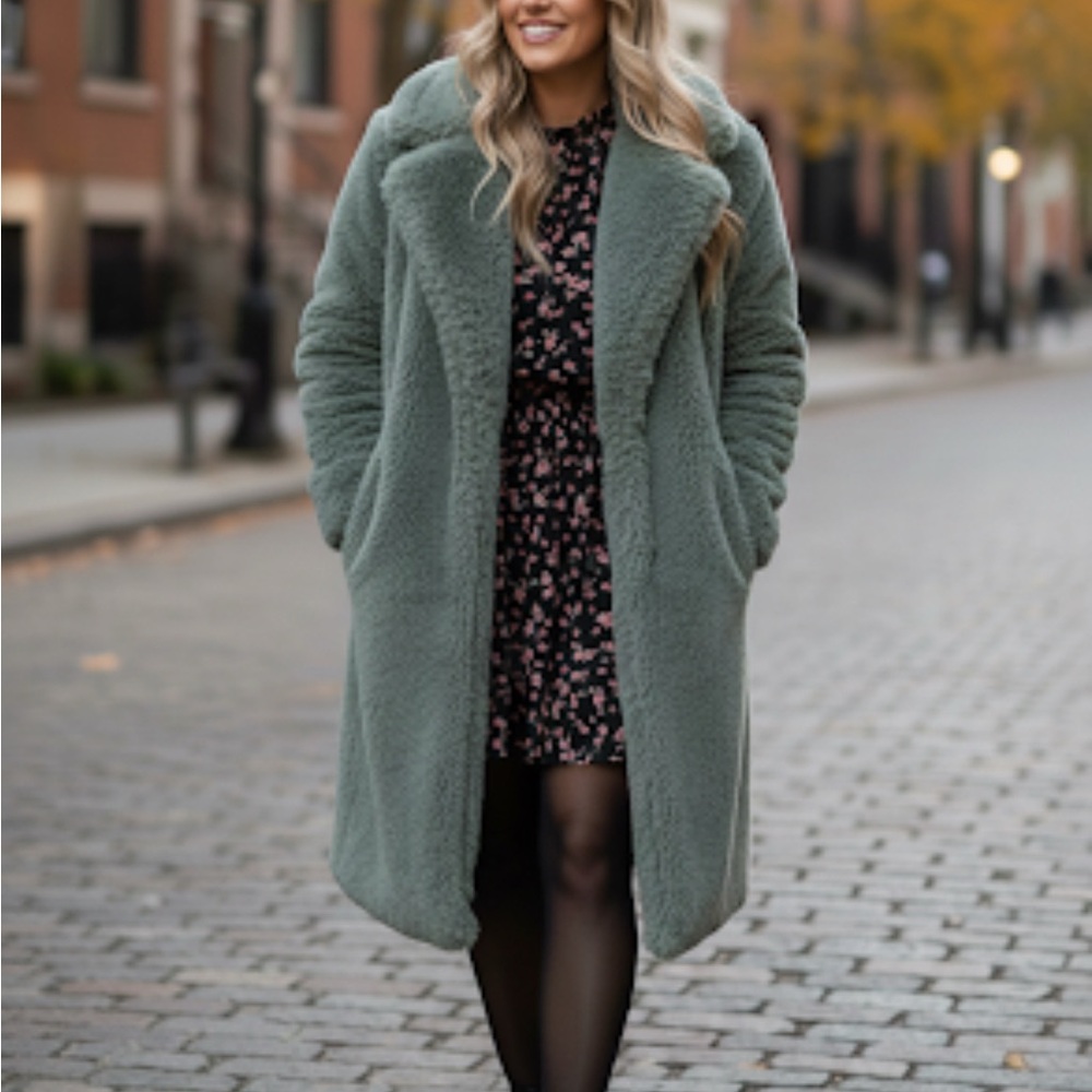 Missguided‎ Longline faux fur sage green mint coat jacket